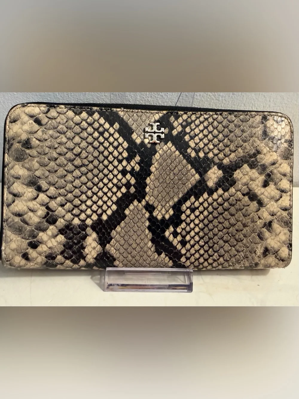 Tory Burch zip around continental wallet with snakeskin.